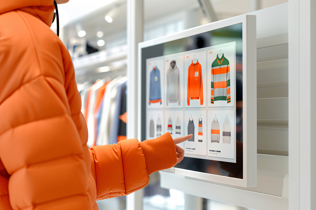 combine innovation customer interacting with digital screen in fashion store