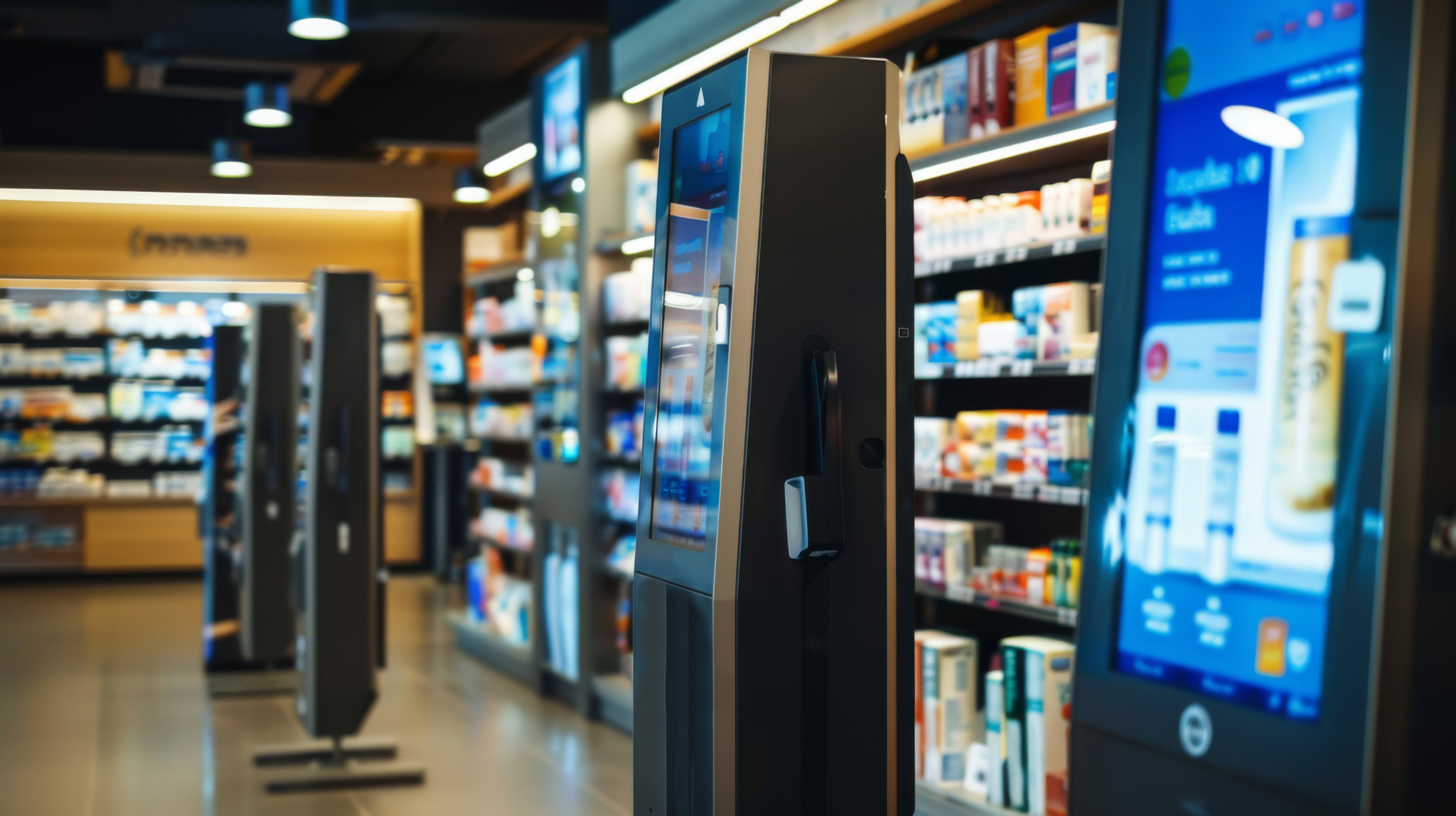 Digital kiosk in a pharmacy aisle